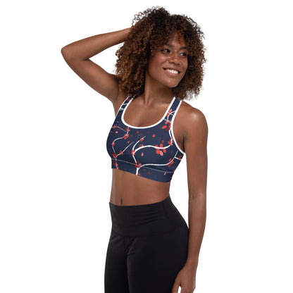 Blue and Red Cherry Blossom Sports Bra
